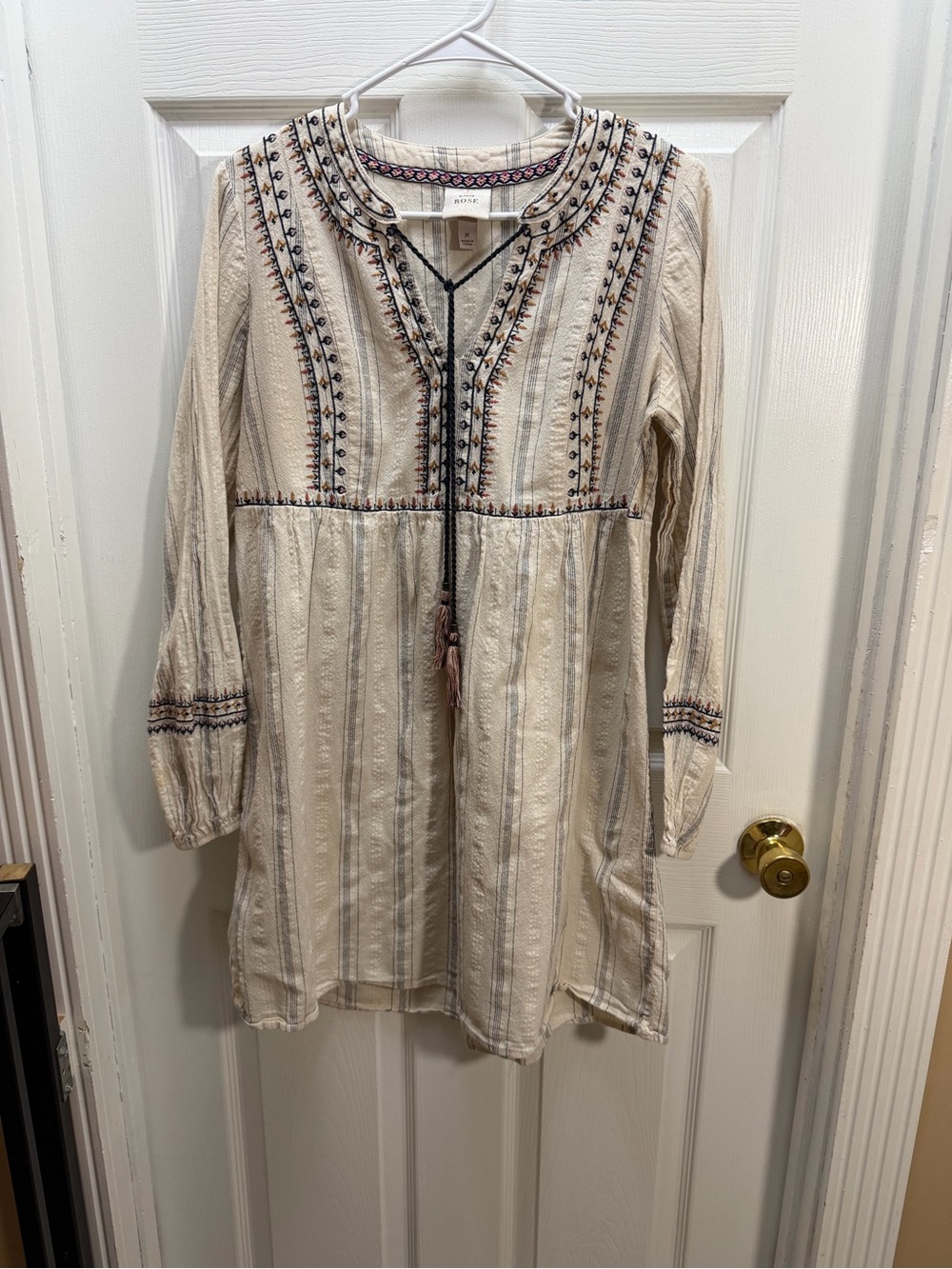 Knox Rose Cream Embroidered Boho Long Sleeve Tunic Dress